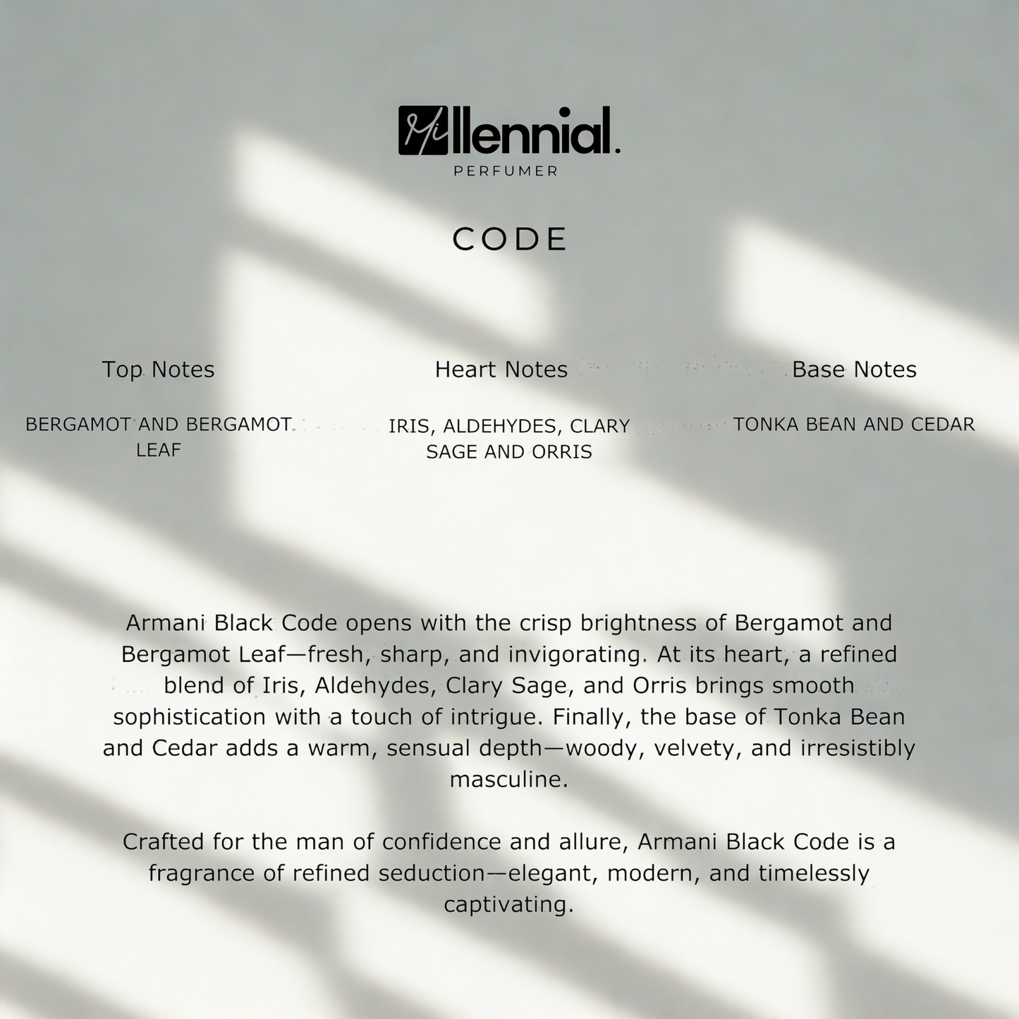 Millennial Perfumer™ – Code | Giorrgio Arrmani Black Code Type (Profile Match) | Warm Spicy & Sensual with Citrus Tonka Bean & Leather | Sophisticated Masculine Depth