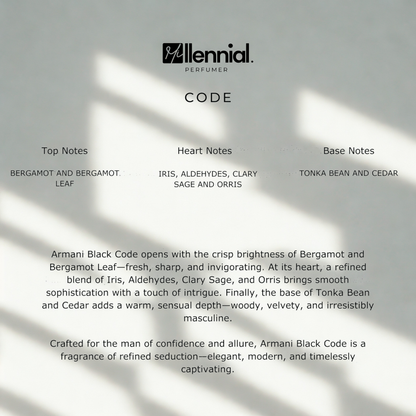 Millennial Perfumer™ – Code | Giorrgio Arrmani Black Code Type (Profile Match) | Warm Spicy & Sensual with Citrus Tonka Bean & Leather | Sophisticated Masculine Depth