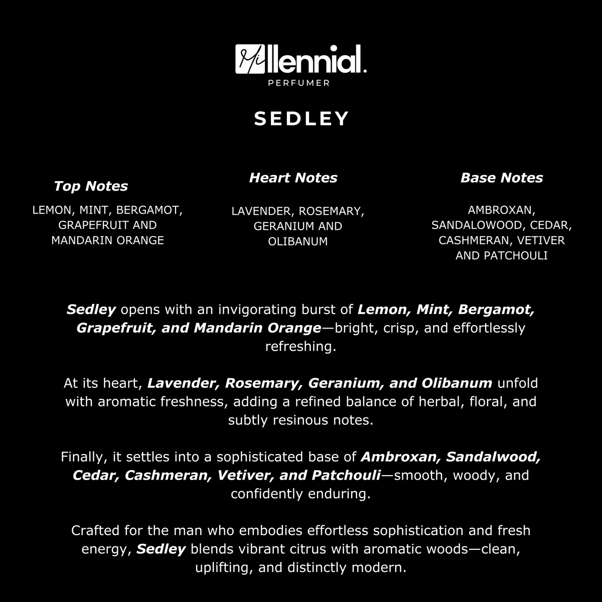 Millennial Perfumer™ – Sedley | PDM's Sedley Type (Profile Match) | Extrait de Parfum | Fresh Citrus & Aromatic Woody Blend with Lemon, Mint, Bergamot, Lavender, Ambroxan & Sandalwood | Long-Lasting Fresh & Sophisticated Masculine Fragrance, 50ml