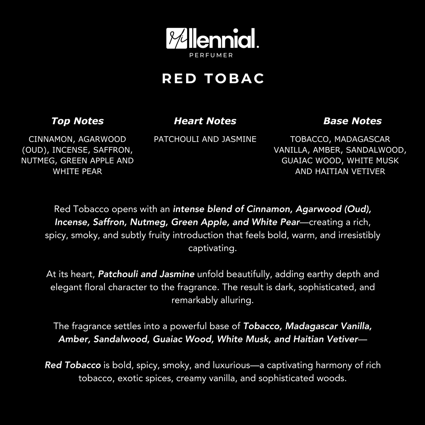 Millennial Perfumer™ – Red Tobac | Mancerra Red Tobacco Type (Profile Match) | Extrait de Parfum | Spicy Tobacco Blend with Cinnamon, Oud, Saffron, Vanilla & Amber | Long-Lasting Bold & Smoky Unisex Fragrance, 50ml