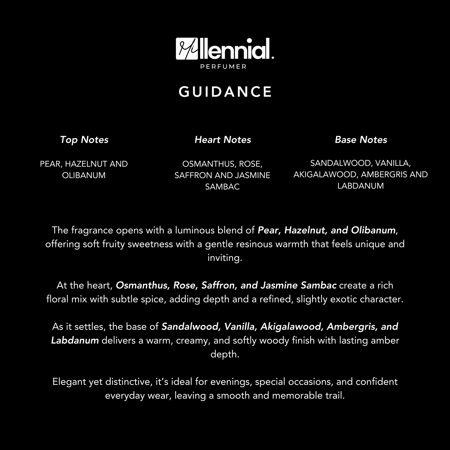 Millennial Perfumer™ – Guidance | Amouuage Guidance Type (Profile Match) | Creamy Pear, Hazelnut & Floral Amber | Elegant Soft-Spicy Signature