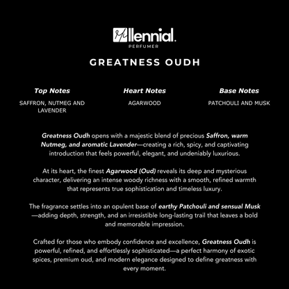 Millennial Perfumer™ – Greatness Oudh | Iniitioo Oud for Greatness Type (Profile Match) | Extrait de Parfum | Luxurious Woody Spicy Blend with Saffron, Nutmeg, Oud, Lavender & Musk | Long-Lasting Bold Unisex Oriental Fragrance, 50ml