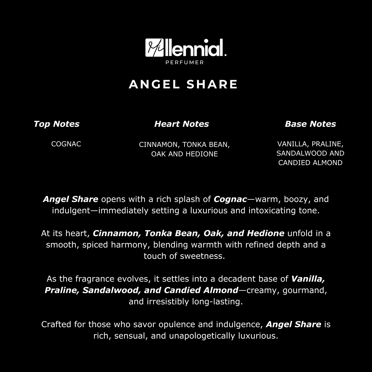 Millennial Perfumer – Angel Share | Killiian Angel Sharre (Profile Match) | Warm Amber Gourmand Luxury Fragrance for Men