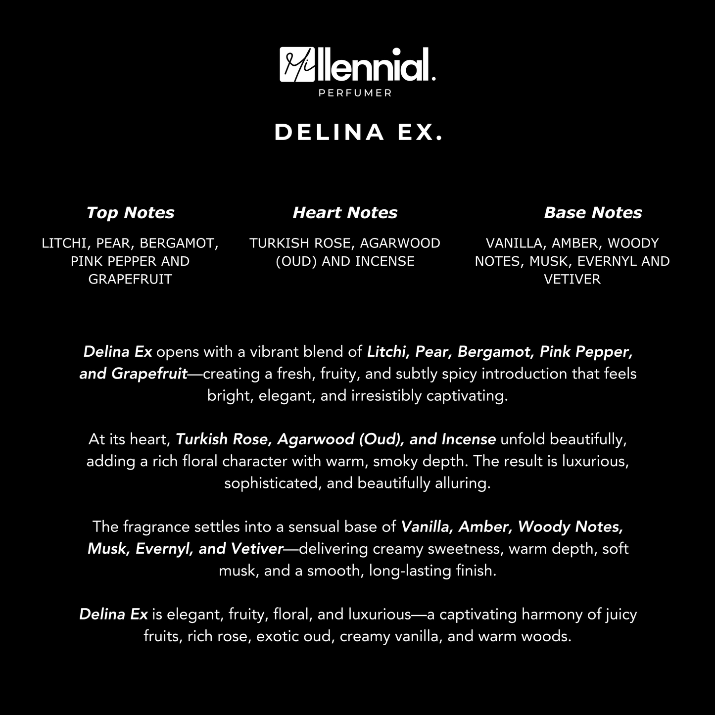 Millennial Perfumer™ – Delina Ex. | PDM's Delina Exclusif Type (Profile Match) | Extrait de Parfum | Fruity Floral Blend with Litchi, Turkish Rose, Oud, Vanilla & Amber | Long-Lasting Elegant & Sensual Feminine Fragrance, 50ml