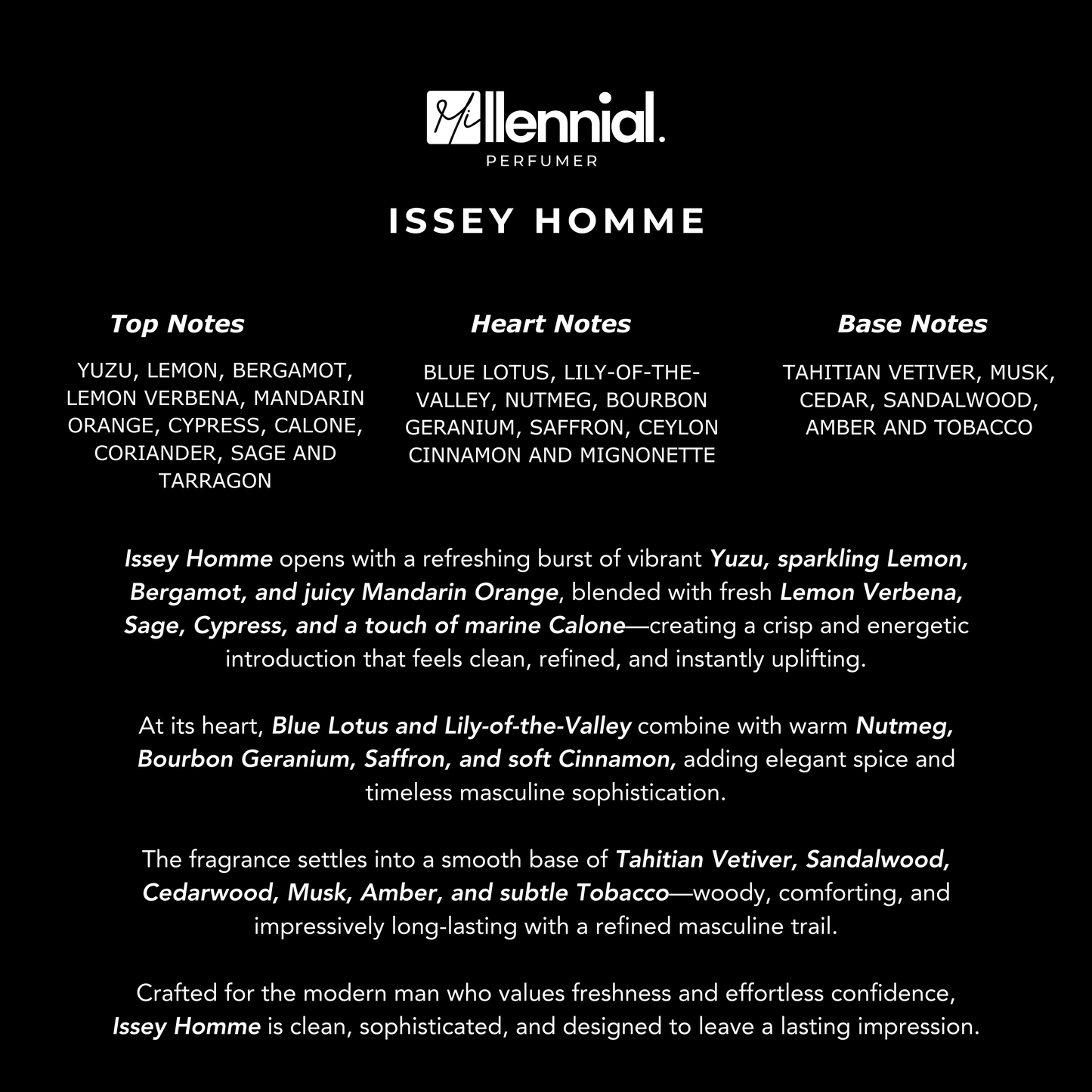 Millennial Perfumer™ – Issey Homme | Isseyy Miyaakei L’Eau d’Issey Pour Homme Type (Profile Match) | Extrait de Parfum | Fresh Citrus Aromatic Blend with Yuzu, Lemon, Spices, Vetiver & Sandalwood | Long-Lasting Sophisticated Masculine Fragrance, 50ml