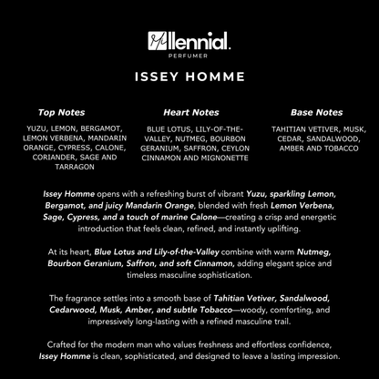 Millennial Perfumer™ – Issey Homme | Isseyy Miyaakei L’Eau d’Issey Pour Homme Type (Profile Match) | Extrait de Parfum | Fresh Citrus Aromatic Blend with Yuzu, Lemon, Spices, Vetiver & Sandalwood | Long-Lasting Sophisticated Masculine Fragrance, 50ml