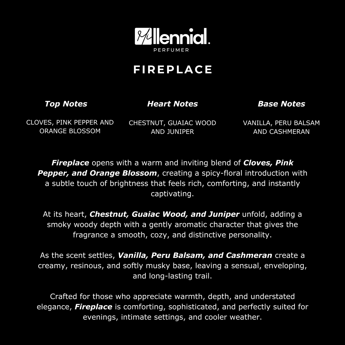 Millennial Perfumer™ – Fireplace | By the Fireplace Type (Profile Match) | Warm Spices, Smoky Woods & Creamy Vanilla | Cozy Firelit Elegance